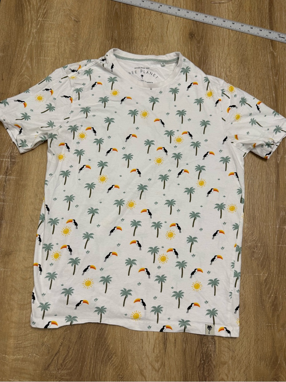 Free Planet White Short Sleeve Tee with Tropical Toucan & Palm Print